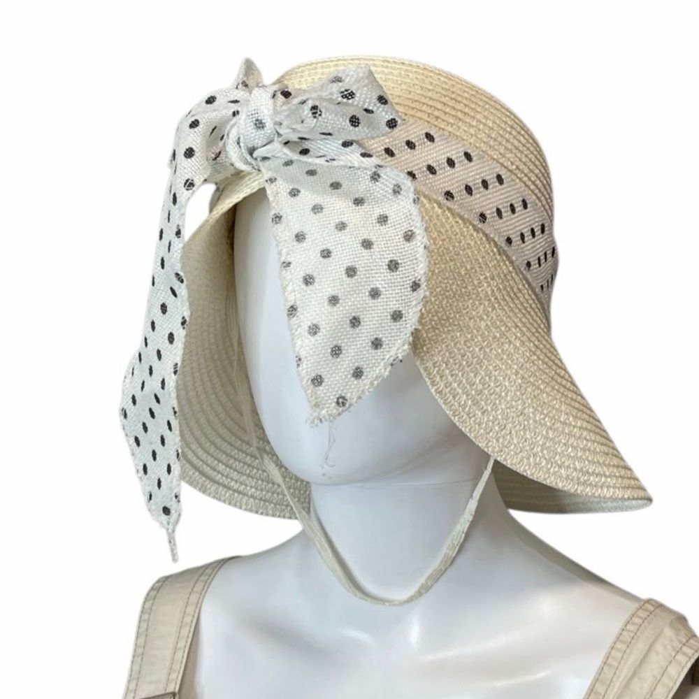 Elegant Cream Sun Hat with Polka Dot Bow